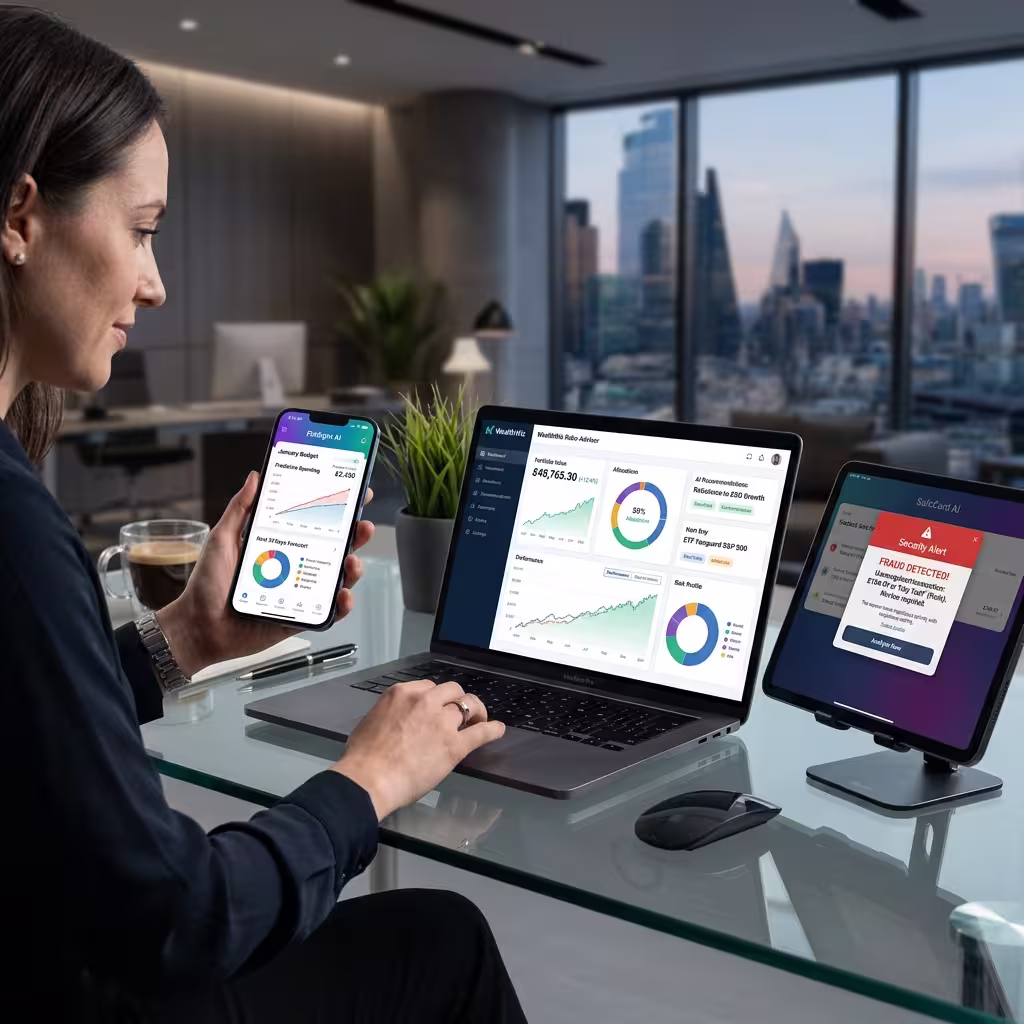 A professional setup showcasing AI Personal Finance Tools in action, including a smartphone with a budgeting app, a robo-advisor dashboard, and fraud detection alerts in a modern, high-tech environment