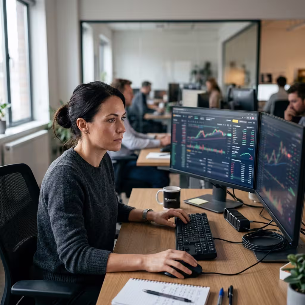 Trader reviewing AI Crypto Trading Bots performance on dual monitors in a modern office