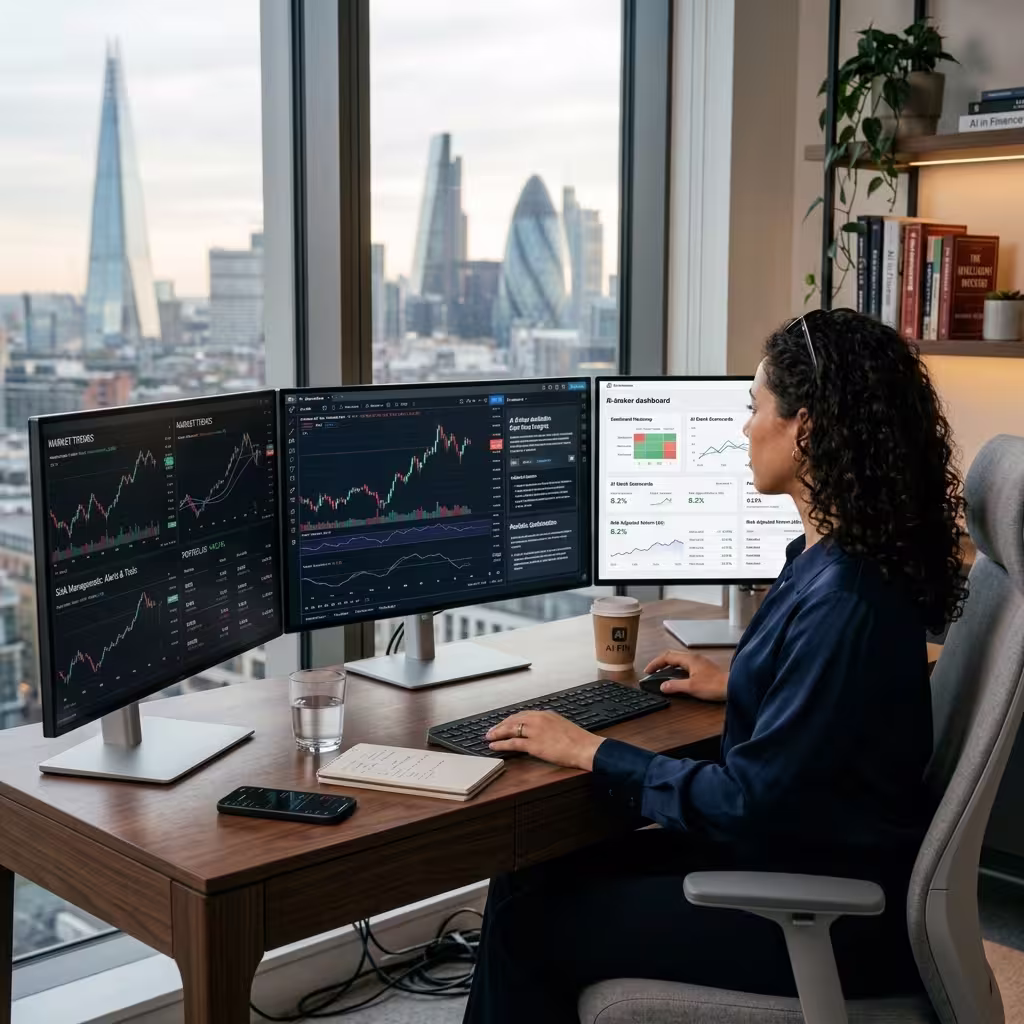 Rear view of an investor facing multiple trading screens displaying an AI-driven market dashboard in a modern office.