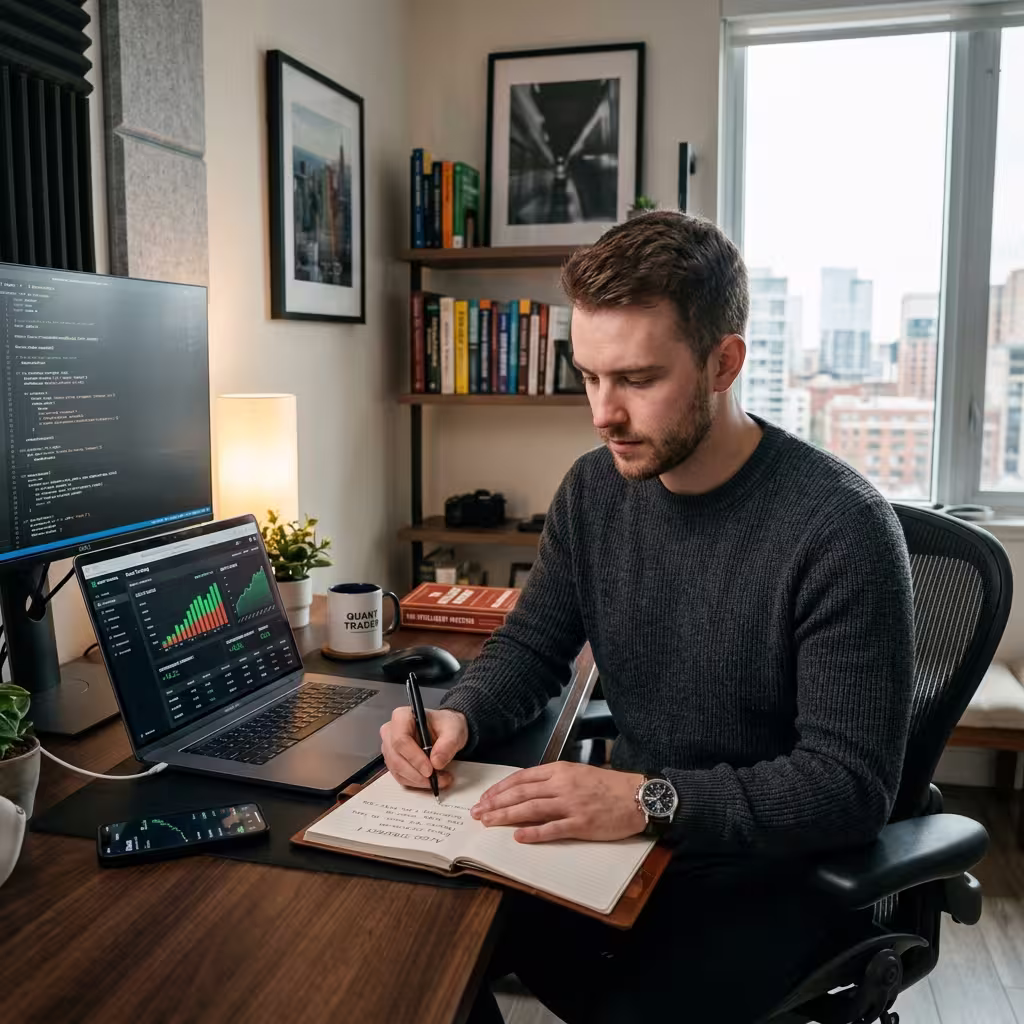 Beginner investor writing trading rules on paper next to a laptop showing paper trading and backtest results.