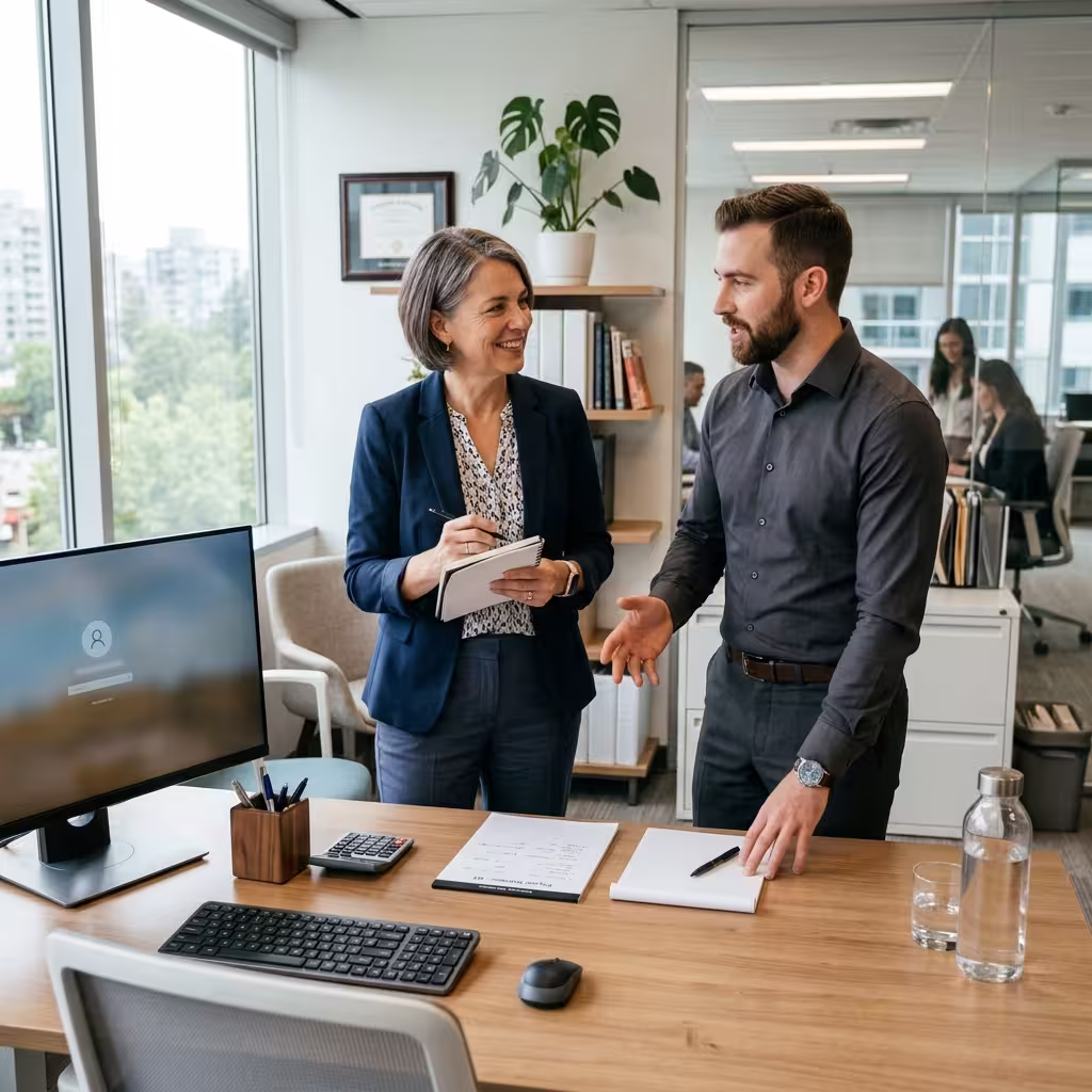 Two professionals discussing the new updates quickbooks payroll review is rolling out