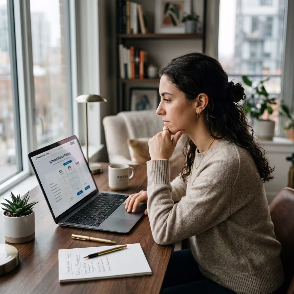 A woman deciding a software plan that suits her business and learning how to setup quickbooks