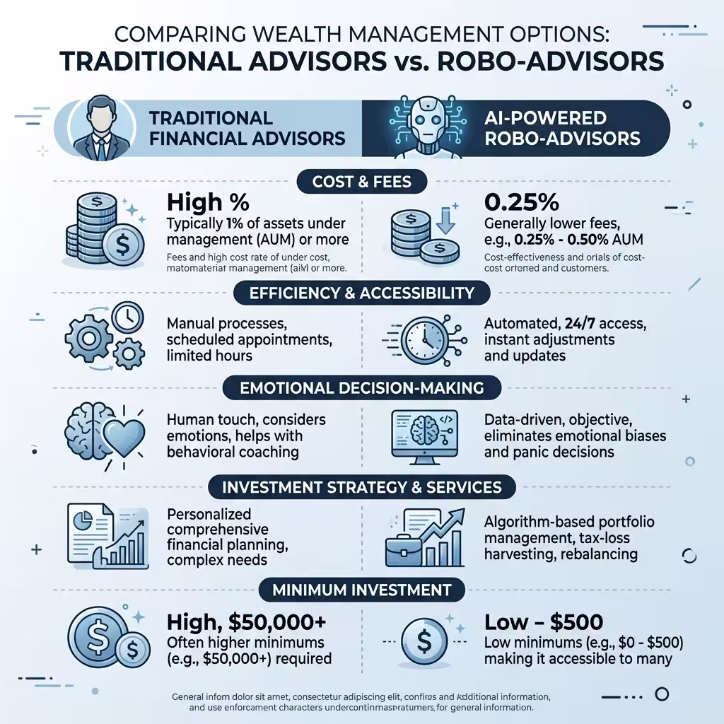 An infographic comparing traditional financial advisors and AI-powered robo-advisors, emphasizing cost efficiency, emotional neutrality, and the advanced capabilities of AI Personal Finance Tools