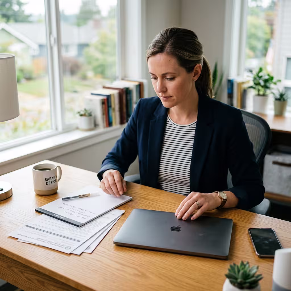 A woman sitting at the table along with her laptop and useful important documents before setting up her software