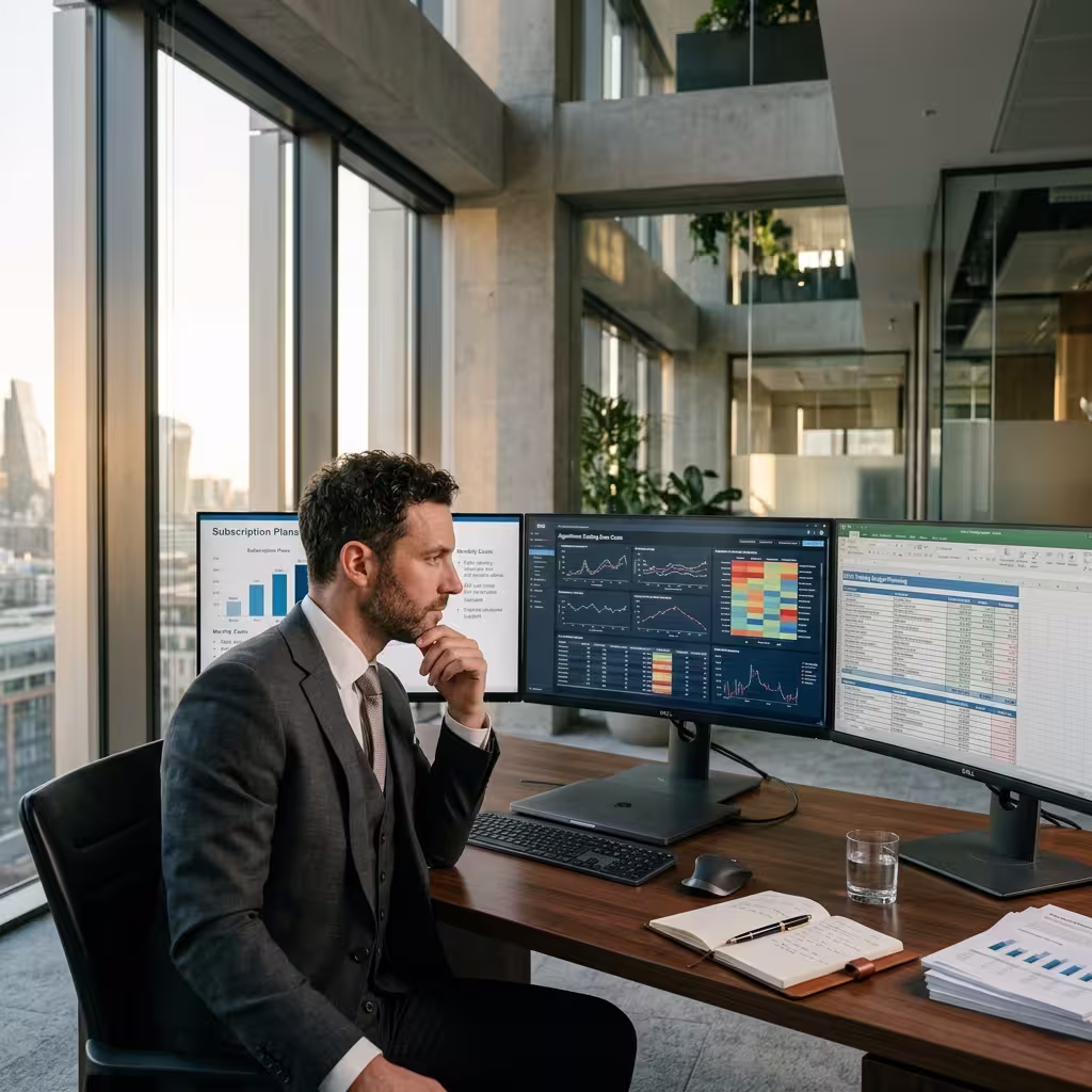 Investor comparing algorithmic trading platform fees and subscription costs on a laptop at a modern desk.