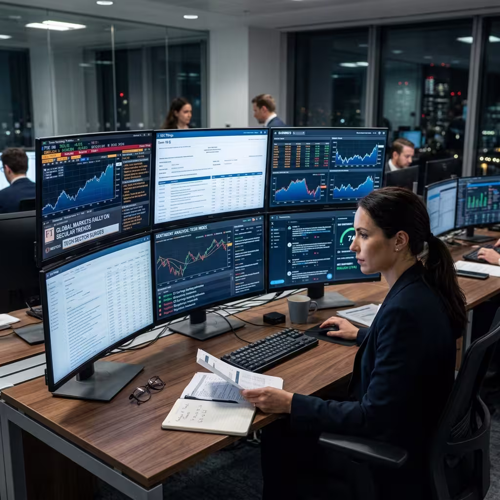 Analyst reviewing news, earnings reports, and social chatter across multiple screens for AI Market Sentiment Analysis.