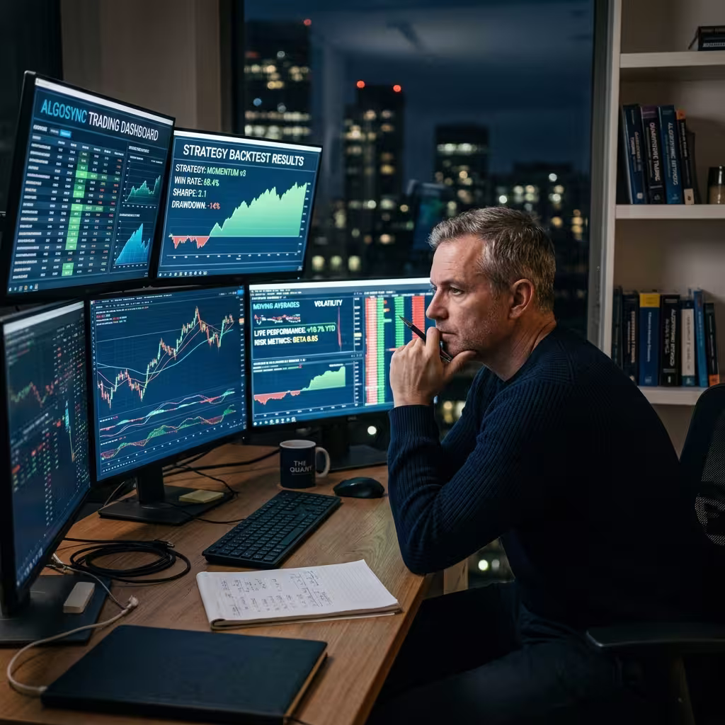 Investor reviewing performance charts on an algorithmic trading platform while setting realistic profit expectations.