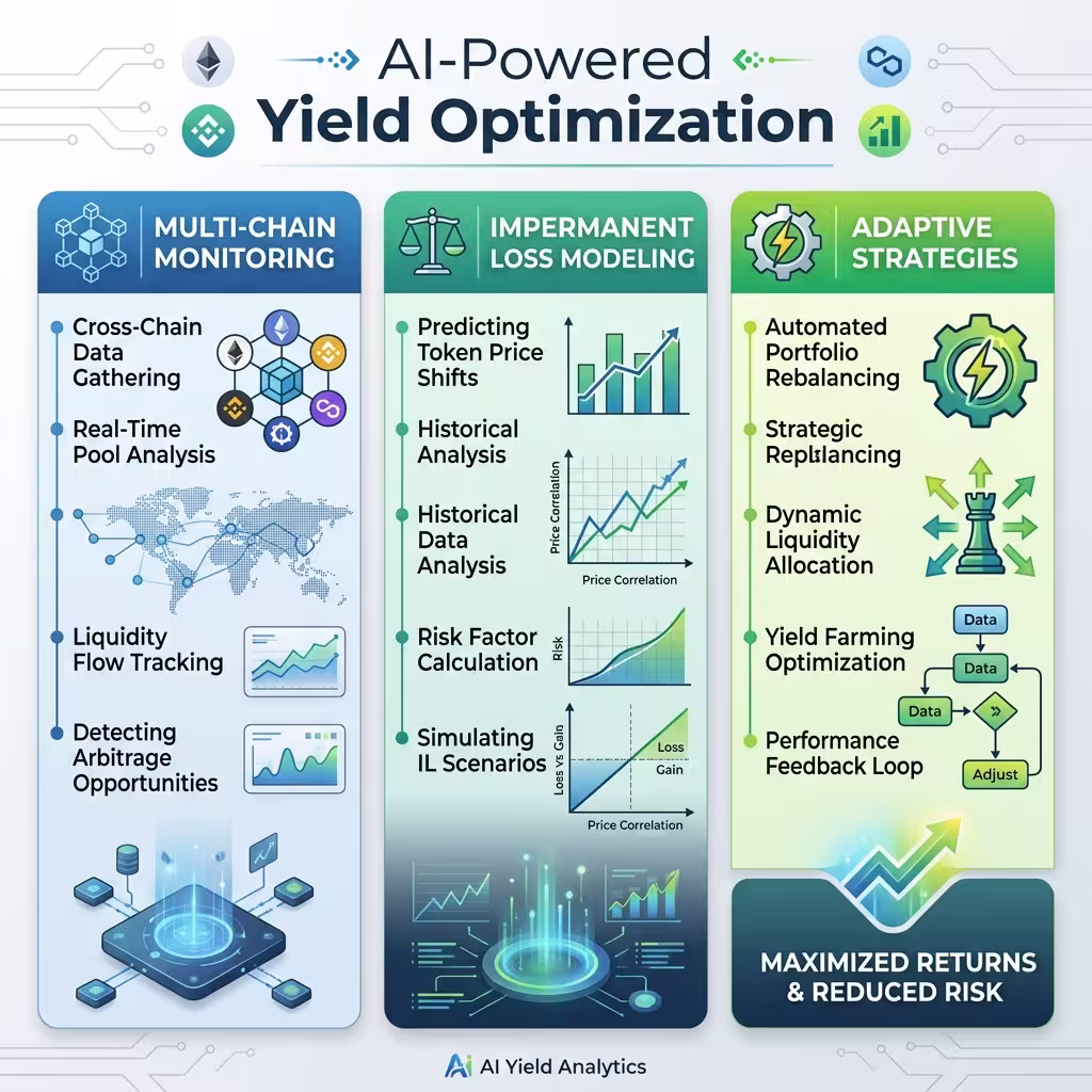 Infographic showcasing AI in DeFi optimizing yield through multi-chain monitoring, impermanent loss modeling, and adaptive strategies.
