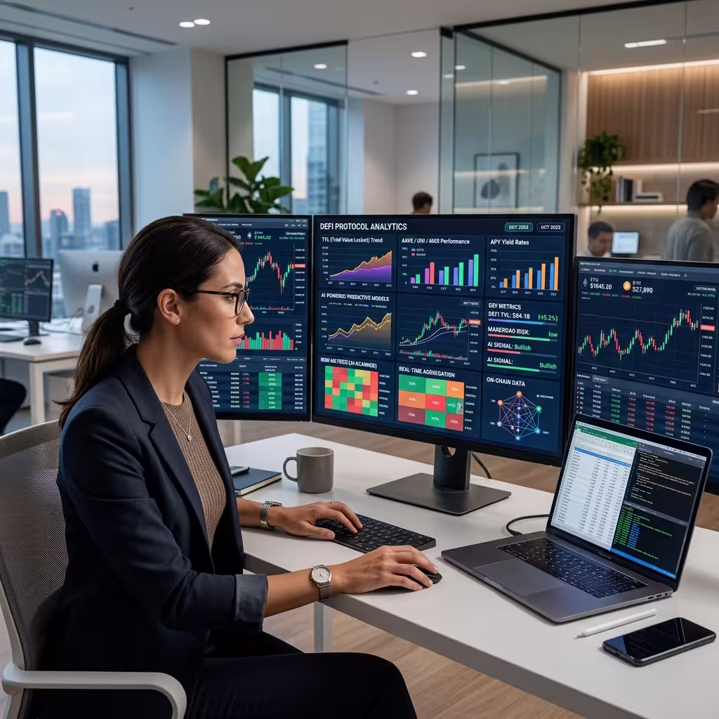 Overview of AI in DeFi showcasing its integration into decentralized finance, highlighting key applications such as blockchain analytics, automated trading, and enhanced security measures.