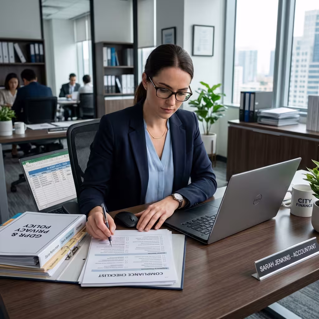 Accountant reviewing compliance and audit logs to assess AI accounting software risks.