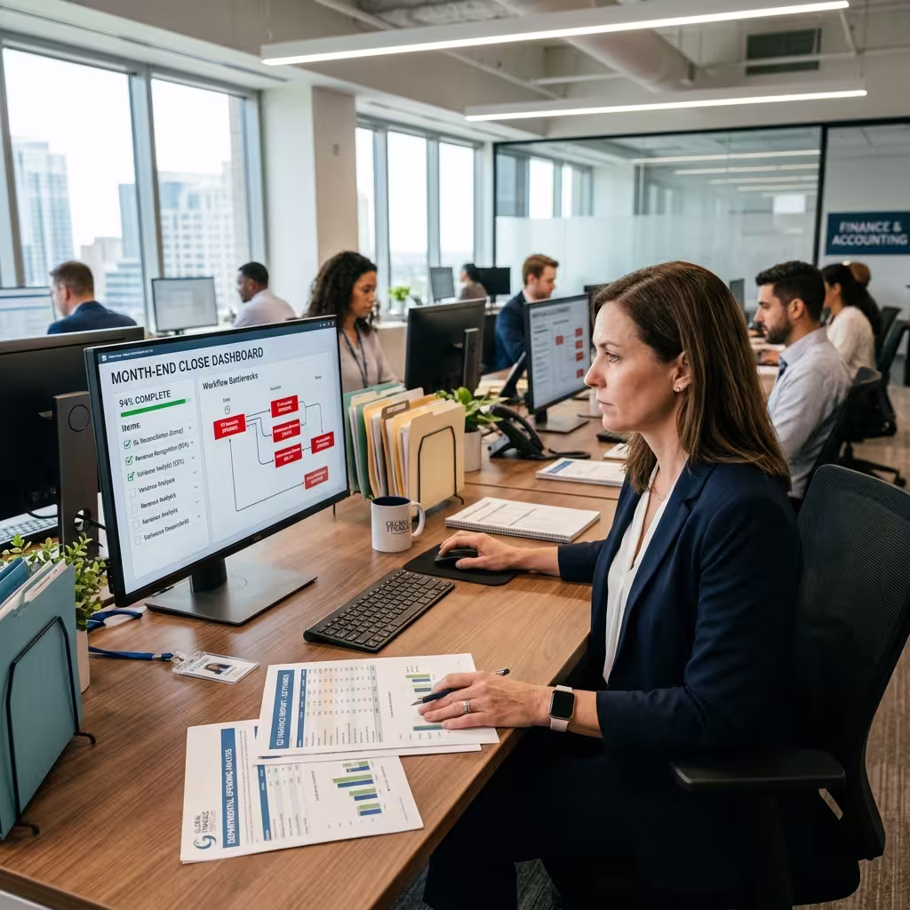 Controller using AI accounting software to speed up month-end close and flag bottlenecks.
