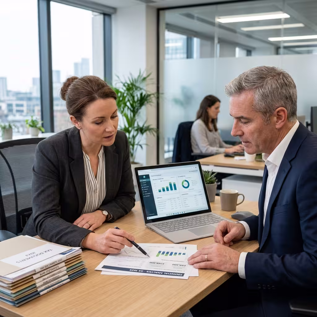 Bookkeeper and client reviewing AI accounting software reports together in a clean office.