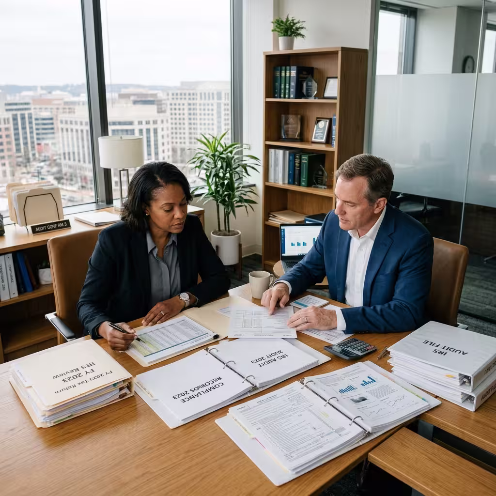 A female IRS Auditor conducting an audit for the corporate firm while the company's account manager explaining the expense company made for AI Tax Planning Tools to be integrated into the resources. 