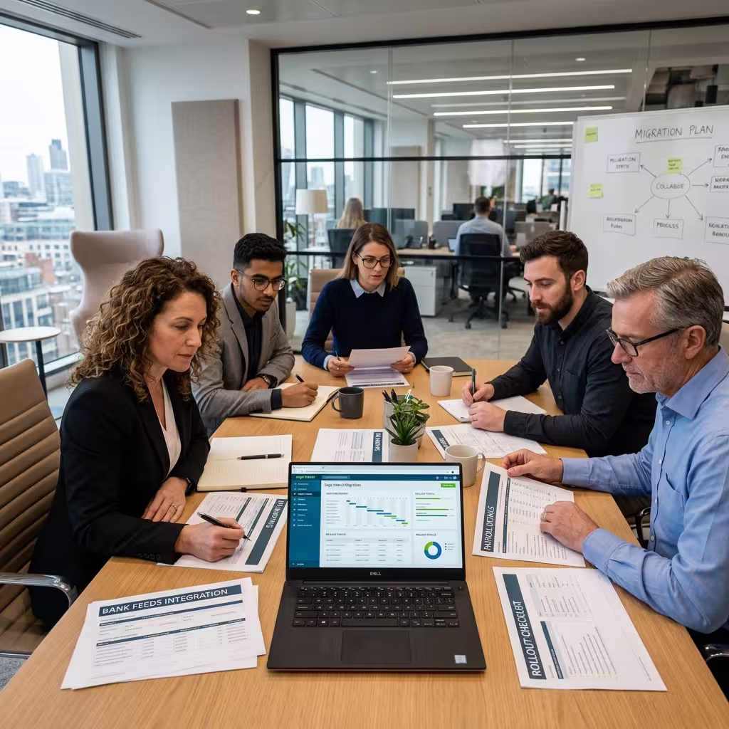 Finance team mapping integrations to plan an AI accounting software migration with a checklist.