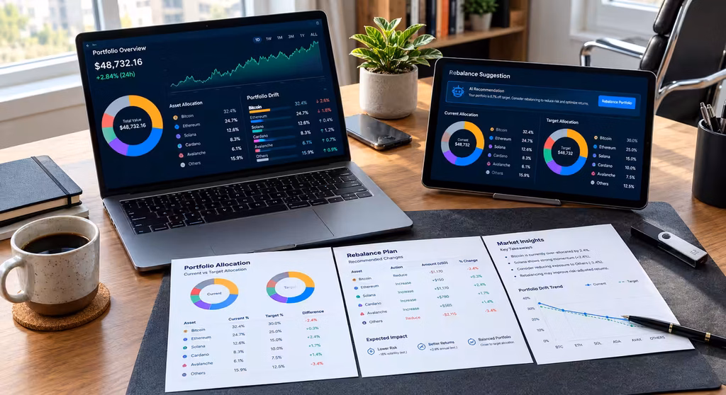 Modern home office workspace with AI crypto dashboards and portfolio strategy documents