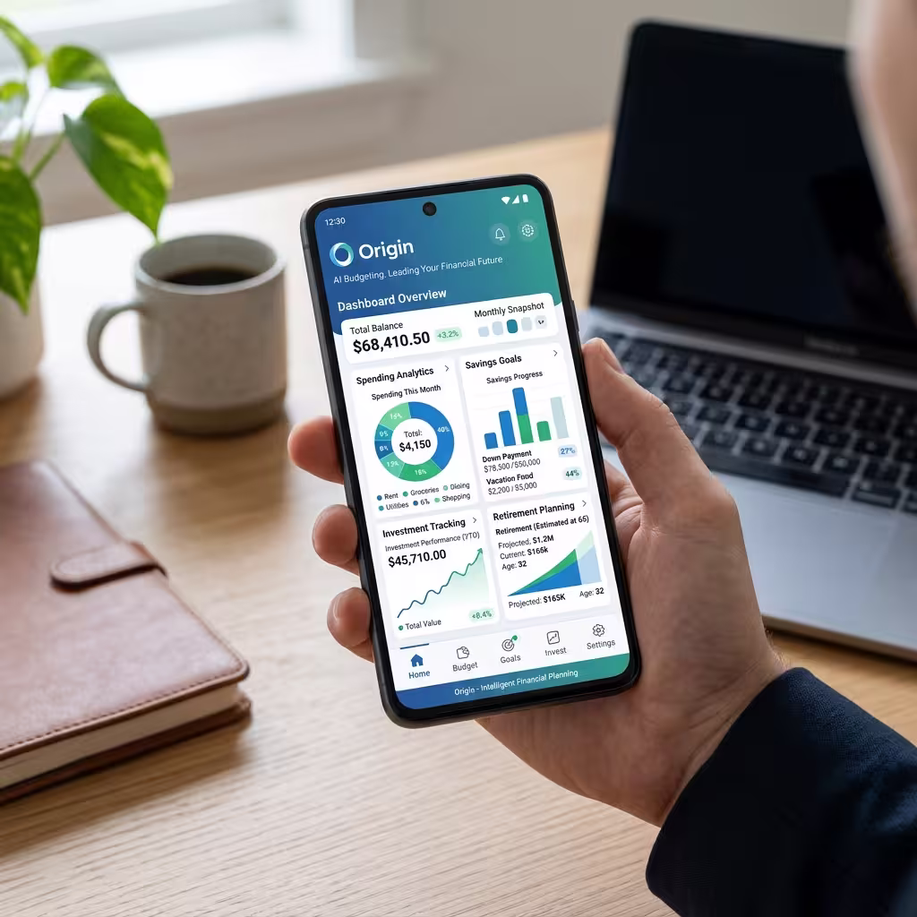 A hand holding a mobile phone with the Best AI Budgeting App 'Origin' opened and Dashboard can be seen