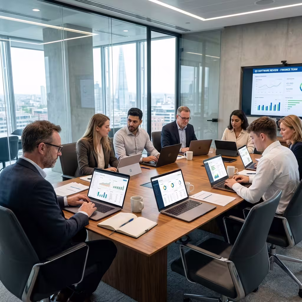 Finance team comparing AI accounting software platforms side by side on laptops in a conference room.
