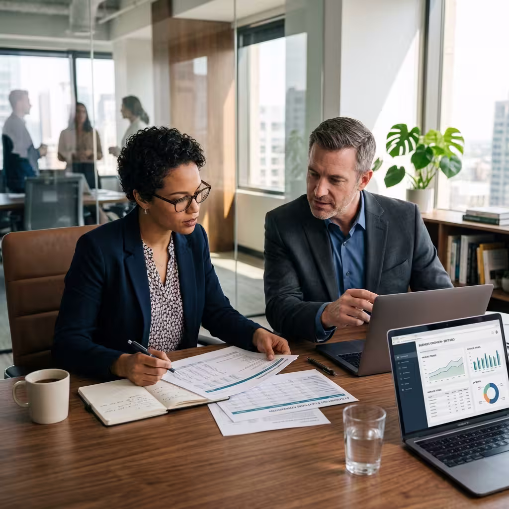 Business owner and advisor comparing QuickBooks and Xero AI accounting software on a laptop.
