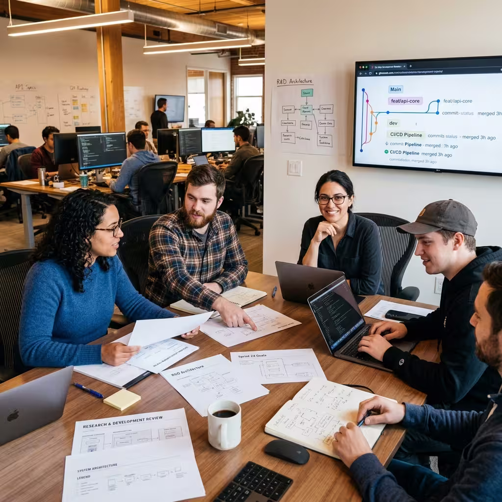 An R&D team conducting a team meeting and discussing the impact of the AI Tax Planning Tools and it's behavior.  