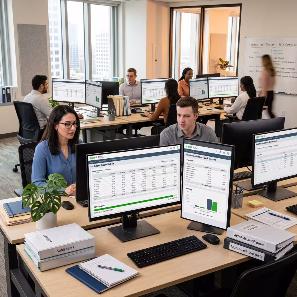 A corporate office can be seen where people using Sage Intacct AI Cash Flow Forecasting software.