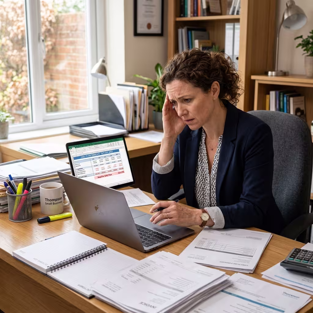 A woman can be seen in the document is worried dealing with spreadsheets for forecasting. Instead she should be opting for AI Cash Flow Forecasting programs