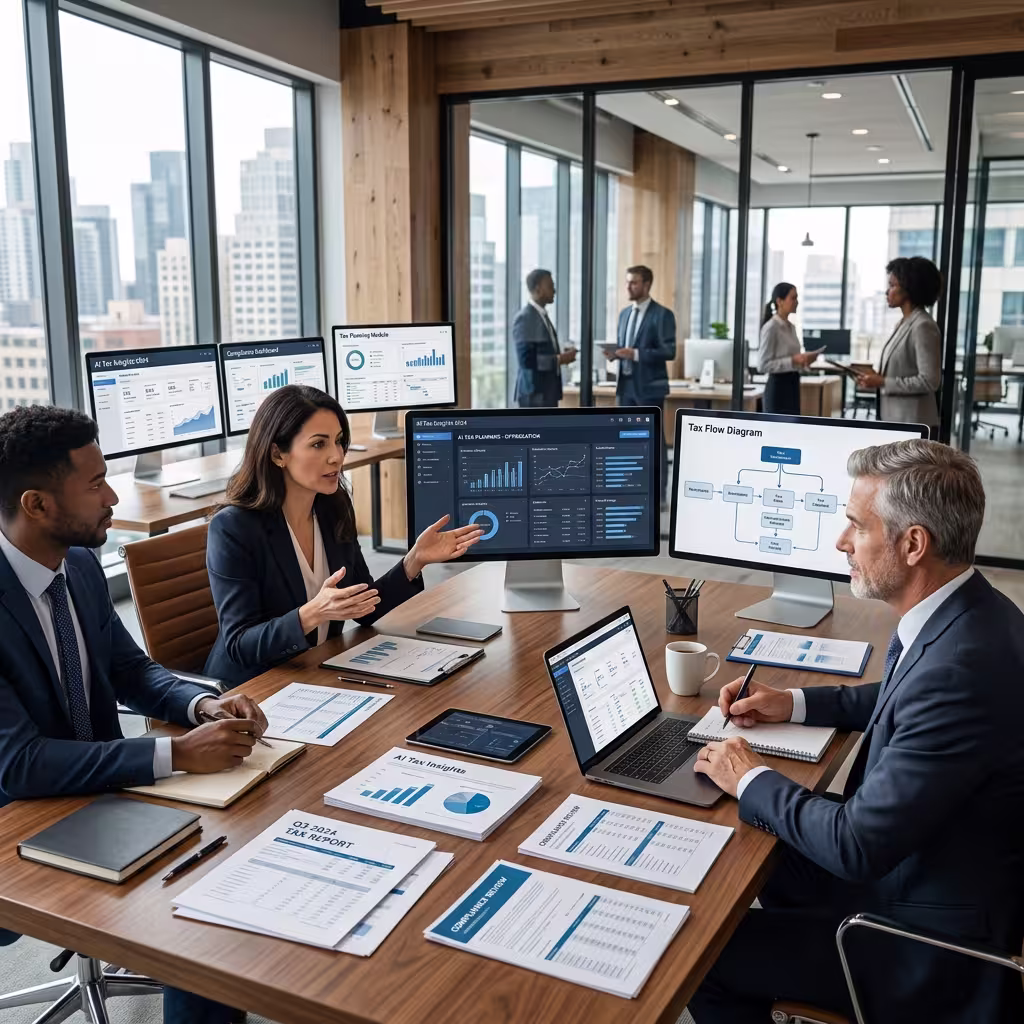 A meeting scene can be viewed as they're monitoring multiple AI Tax Planning Tools for the integration of their office workflow. 