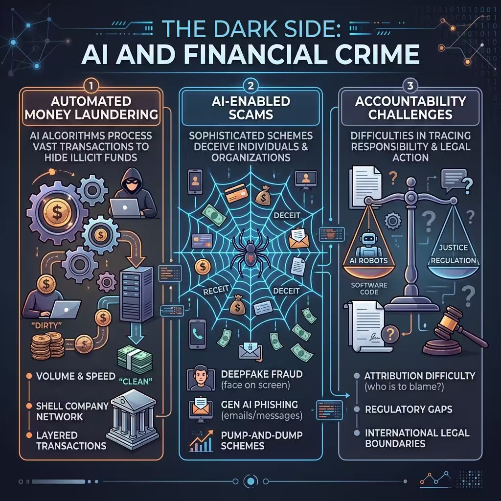 Infographic titled 'The Dark Side: AI in DeFi and Financial Crime,' highlighting challenges like automated money laundering, AI-enabled scams, and accountability issues in decentralized finance.