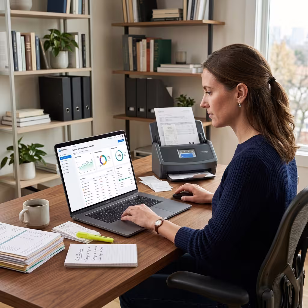 A woman working on laptop using AI Tax Planning Tools to seamlessly optimize her year round taxes. 