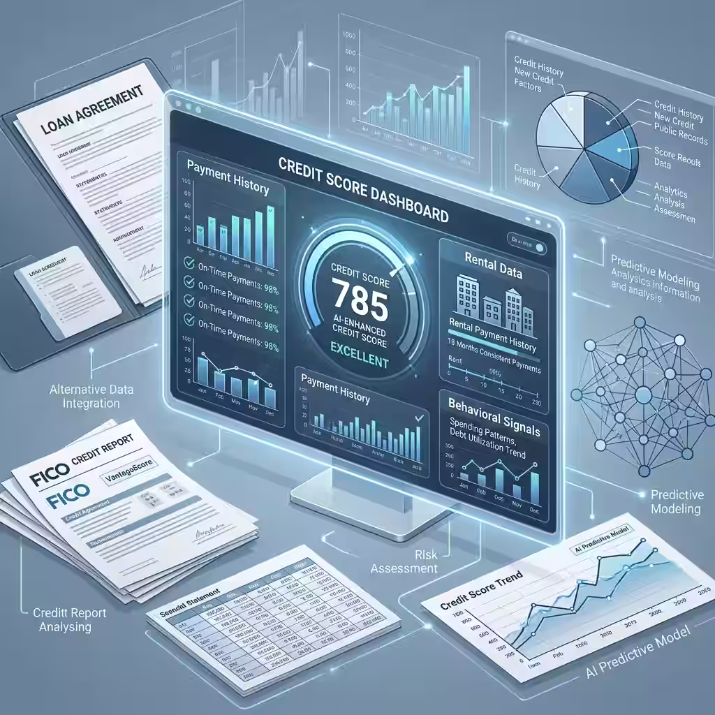 Visual representation of modern credit scoring models, showcasing how AI Financial Advisor tools analyze payment history, rental data, and behavioral signals.