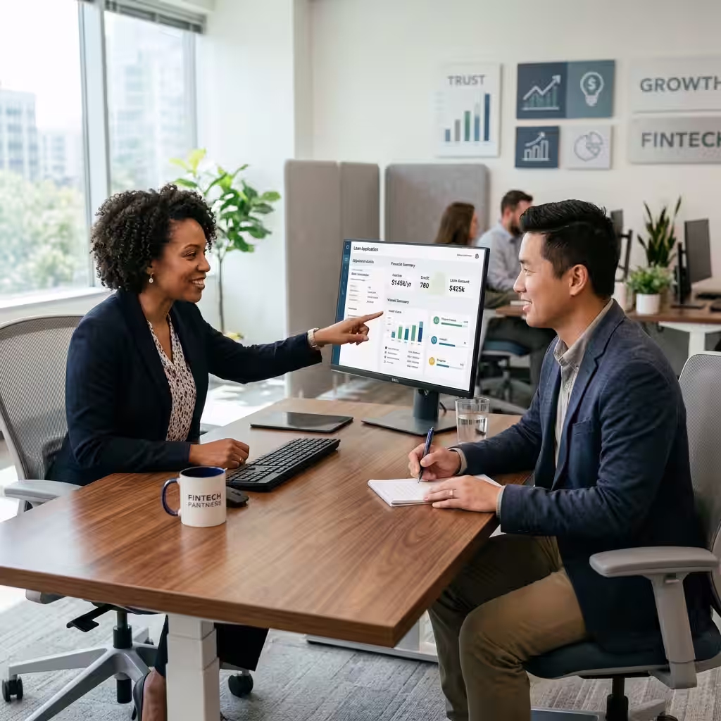 Professional lending team reviewing borrower data on screen during an AI loan approval process in a modern office.