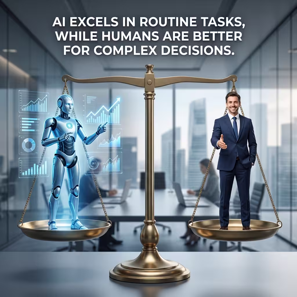 Balanced scale visual comparing AI Financial Advisor for routine tasks with human advisors for complex decisions, highlighting their unique strengths.