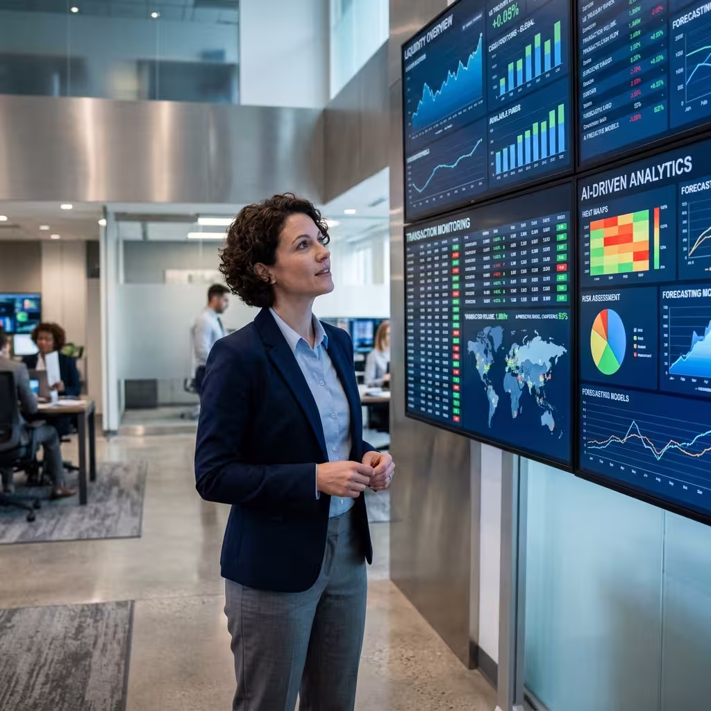 A woman keenly observes the data Agentic AI for Treasury presents