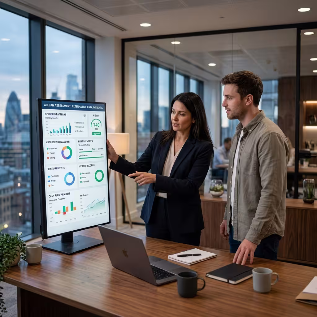 Lender reviewing rent, utility, and cash flow signals used in AI loan approval