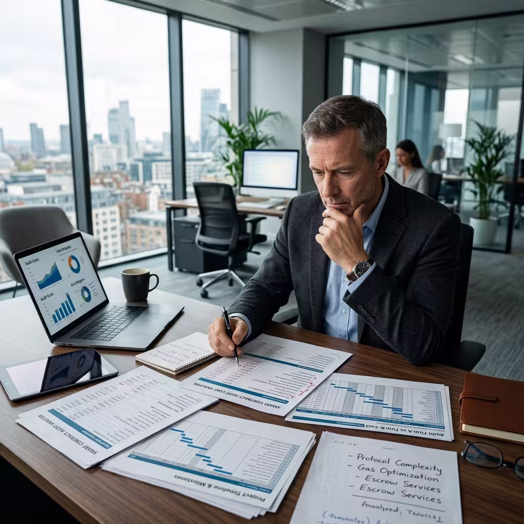 Investor comparing audit pricing, timelines, and protocol complexity notes at a desk.