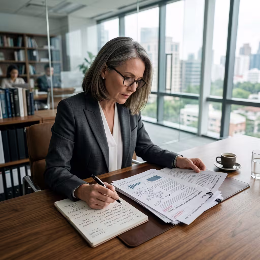 Investor reviewing a smart contract audit report at a home office desk before investing in a DeFi protocol.