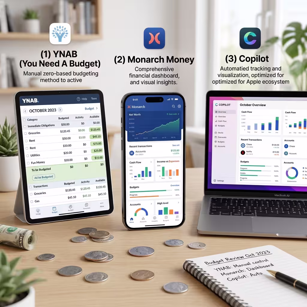 Comparison of budgeting apps YNAB, Monarch, and Copilot, highlighting their unique features and integration with AI Financial Advisor tools.