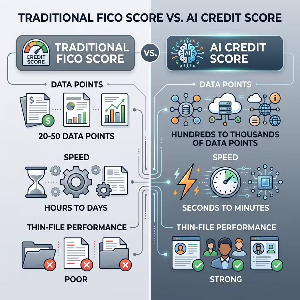 A detailed comparison of traditional FICO scores and AI Credit Scores, highlighting differences in data points analyzed, speed of processing, and performance for thin-file borrowers.