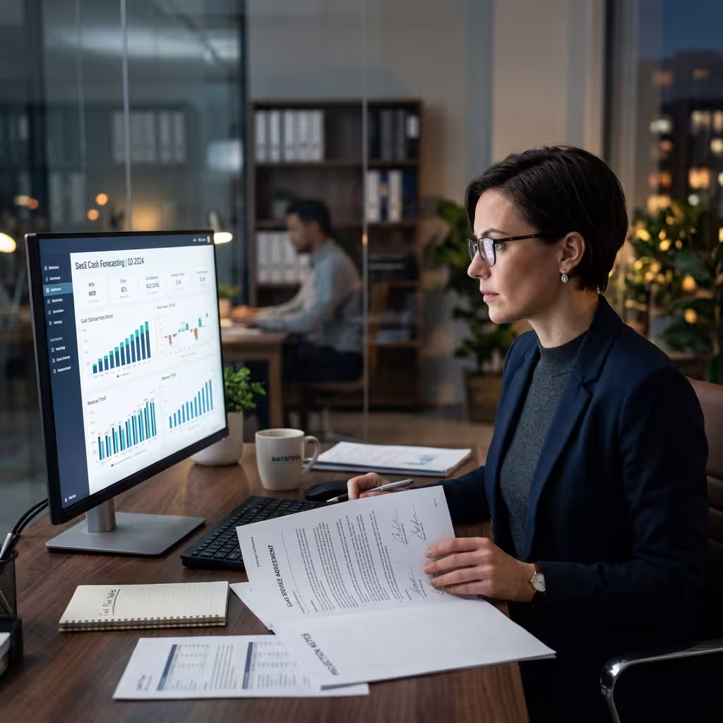 Analyst examining predictive dashboards and financial documents related to AI Cash Flow forecasting for SaaS .