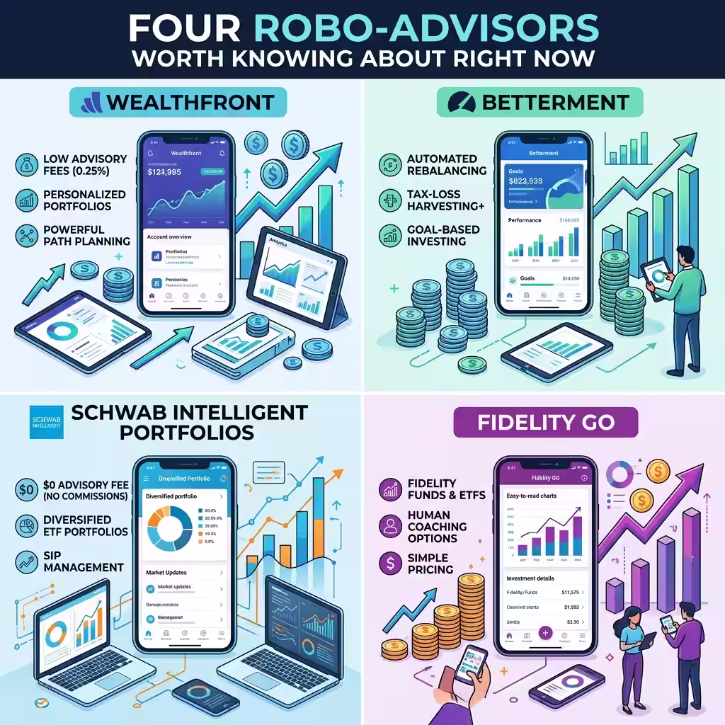 Grid layout showcasing four AI Financial Advisor platforms: Wealthfront, Betterment, Schwab Intelligent Portfolios, and Fidelity Go, with key features and benefits.