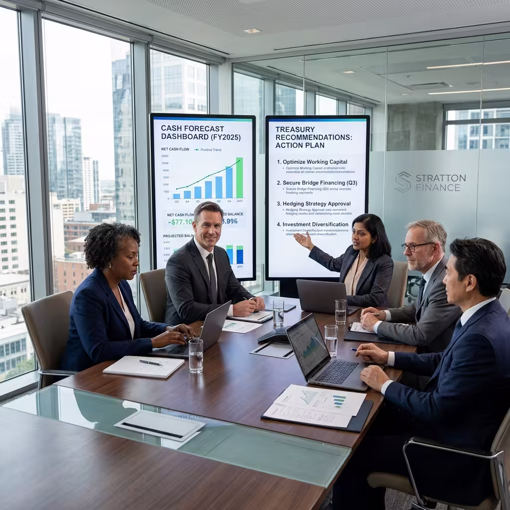 Two different Agentic AI for Treasury models are being evaluated side by side by senior corporate members in a boardroom