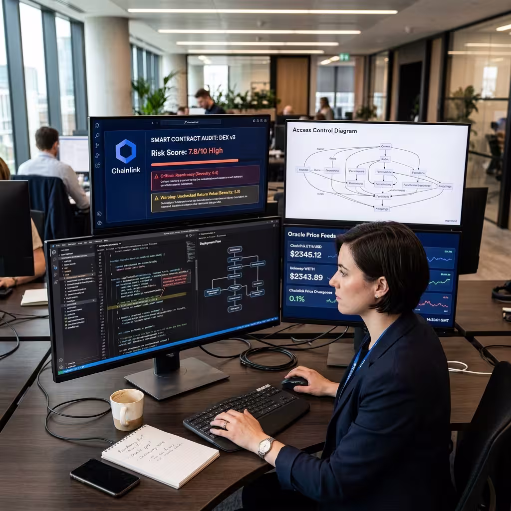 Security analyst reviewing blockchain code, oracle data, and risk dashboards across multiple monitors.