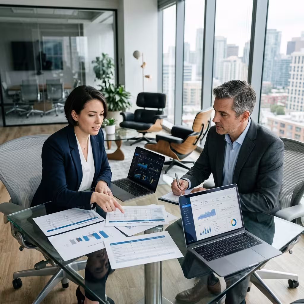 Business professionals comparing forecasting platforms and finance software for AI Cash Flow forecasting for SaaS management.