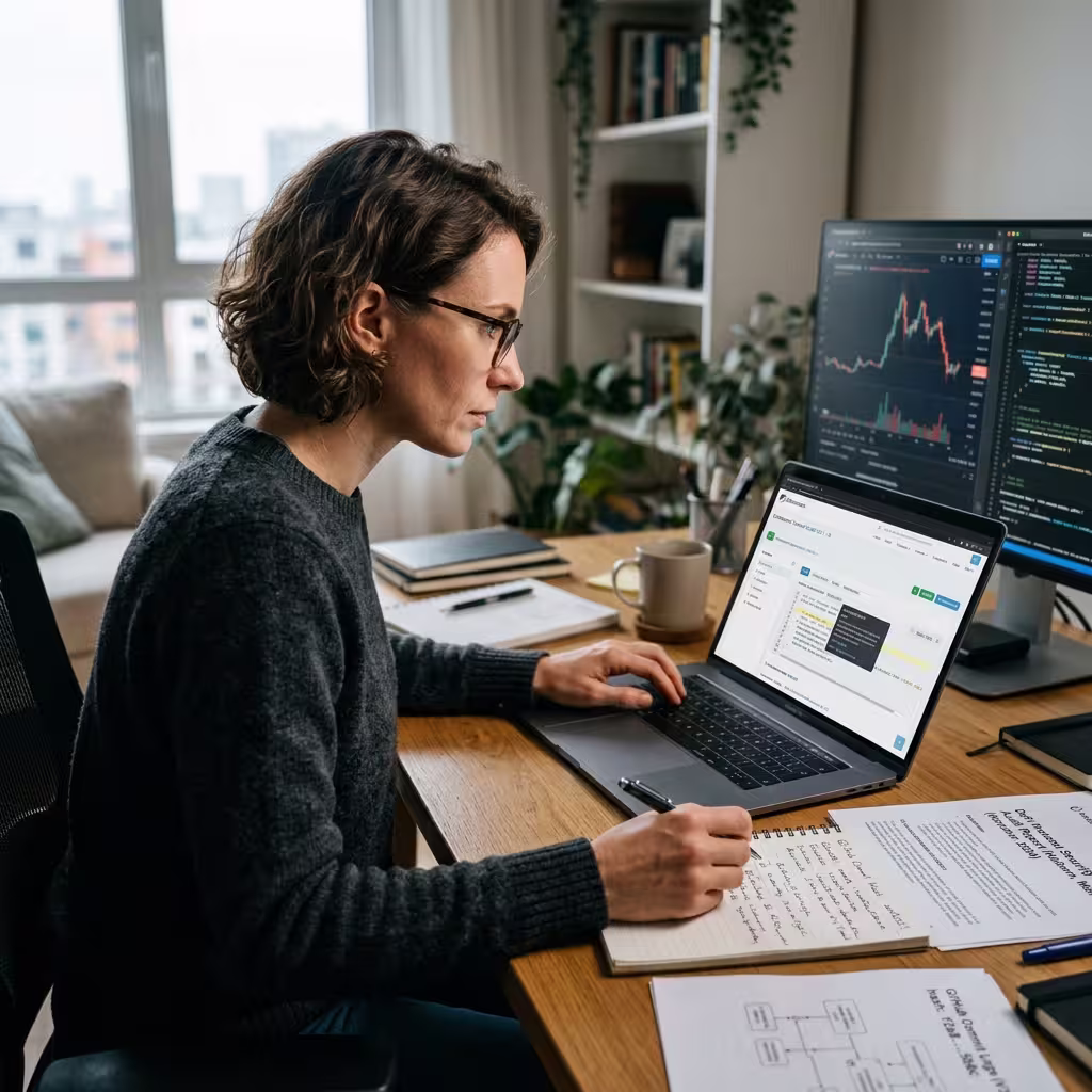 Crypto investor cross-checking a blockchain explorer, documentation, and code verification details on a laptop.