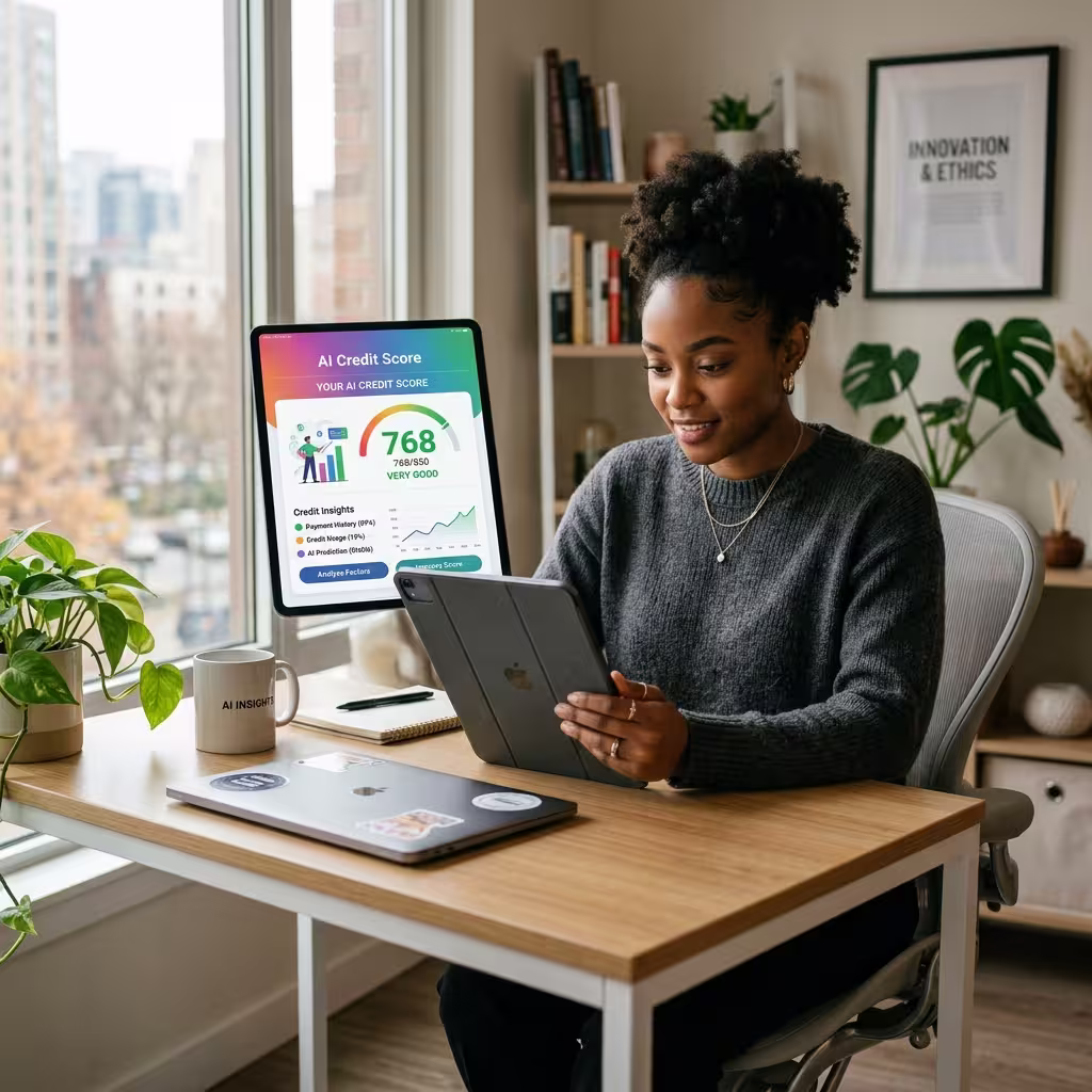 A professional image of a lender explaining AI Credit Score results to a borrower, emphasizing transparency and the human interaction involved in AI-driven financial decisions.