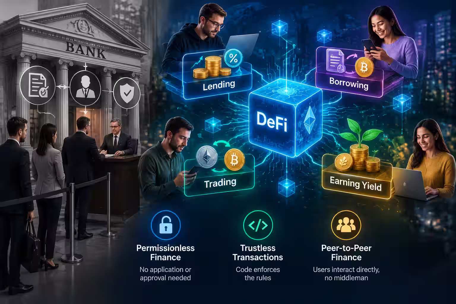 DeFi concept illustration showing the transition from traditional banking to decentralized finance with a blockchain network. Depicting what is Defi and how it works, smart contract technology, and users accessing lending, borrowing, trading, and yield earning services without intermediaries.