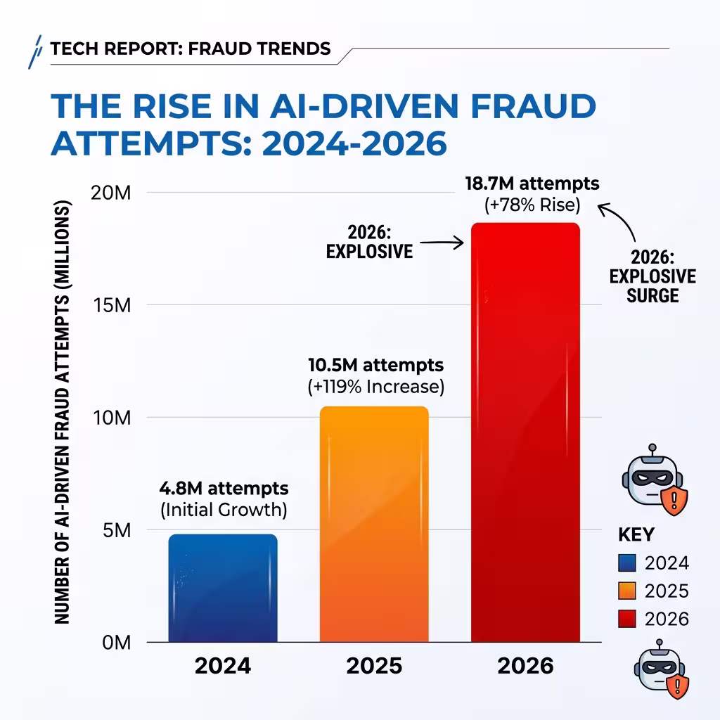 A bar graph illustrating the increase in AI-driven fraud attempts from 2024 to 2026, highlighting the need for advanced AI Fraud Detection.