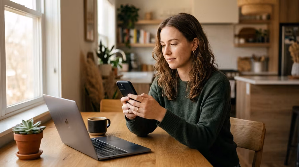 Woman at kitchen table using a savings app on her phone in warm natural light