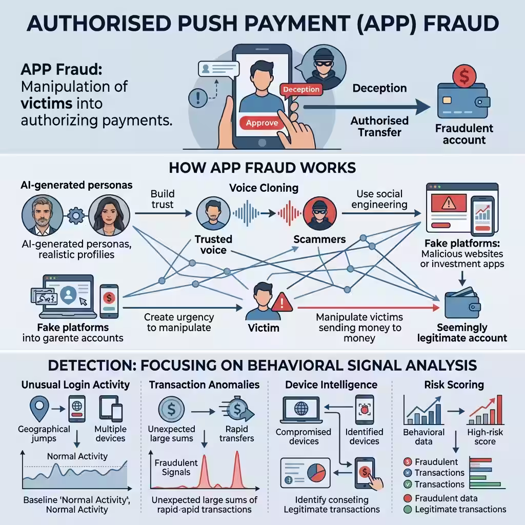 An infographic breaking down Authorized Push Payment (APP) fraud and how AI Fraud Detection analyzes behavioral signals to prevent it.