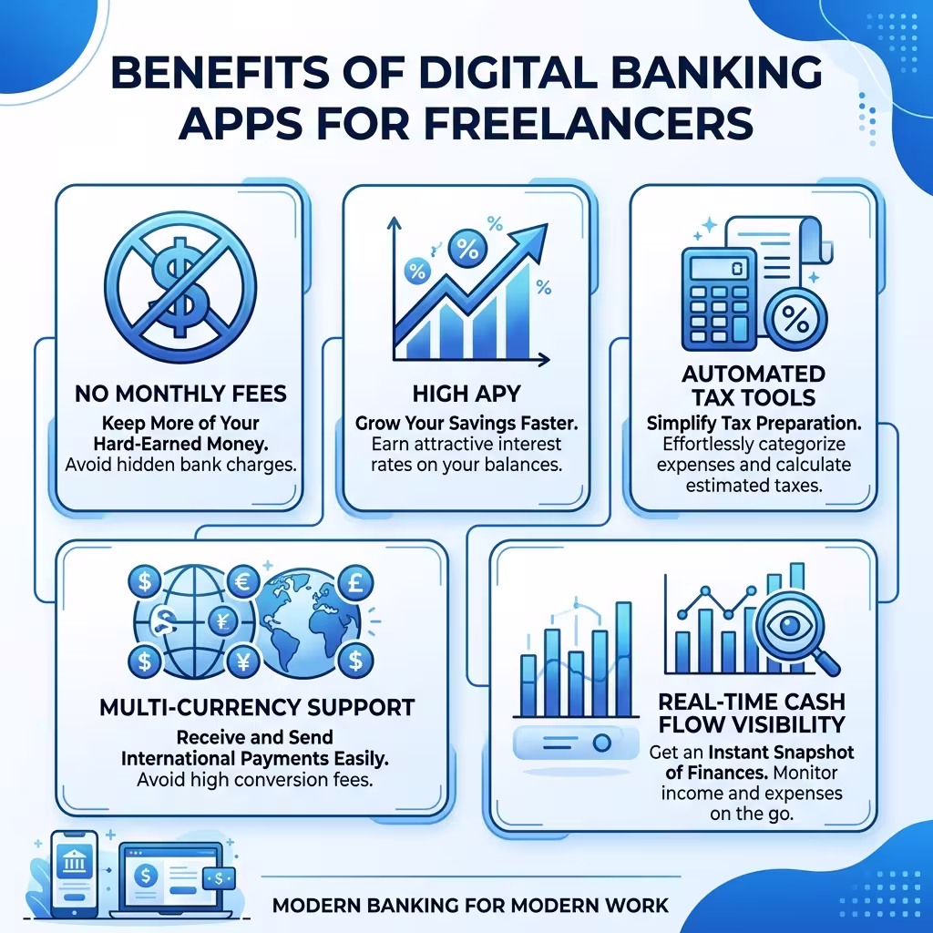 An infographic highlighting the benefits of the best digital banking apps for freelancers, including no fees, high APY, automated tax tools, and real-time cash flow visibility.