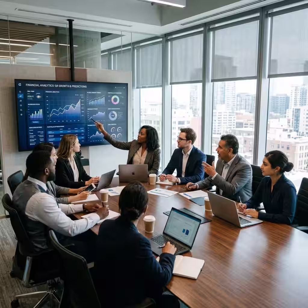 A diverse group of professionals collaborating in a modern conference room, discussing financial strategies with AI tools displayed on a large screen, showcasing the impact of Generative AI wealth management on team-based decision-making.